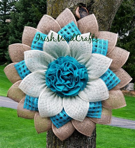 Large Natural Turquoise And Cream Poly Burlap Burlap Etsy Burlap