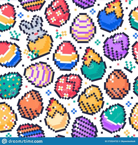 Pixel 8 Bit Eggs Seamless Pattern Easter Pixel Art Arcade Game Eggs