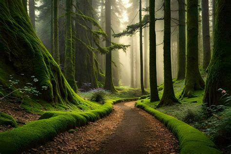 A Path Through A Green Forest With Mossy Trees Ai Generated