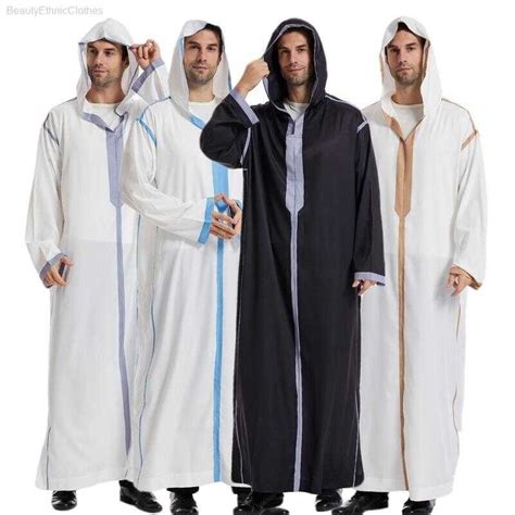 Muslim Islamic Men Traditional Costumes Hooded Long Dress Jubba Thobe