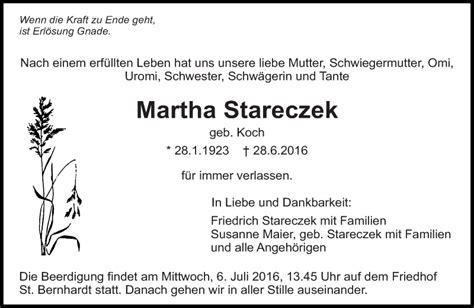 Traueranzeigen Von Martha Stareczek Zeit Des Gedenkens De