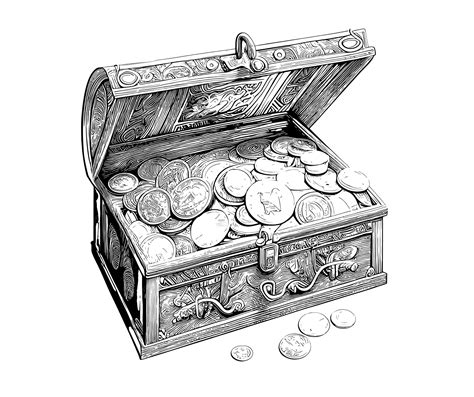 A black and white drawing of a treasure chest with coins in it