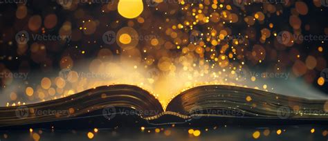 An Open Book Glowing With Magical Golden Light Surrounded By Bokeh