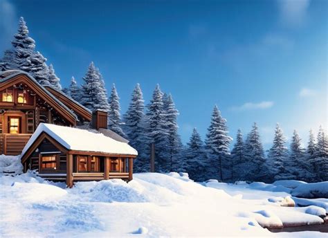 Premium AI Image | Cozy Winter Cabin Snowy Beauty under Blue Skies