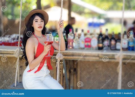 Asian Tourist Woman In Red Bikini Stock Photo Image Of People Drink
