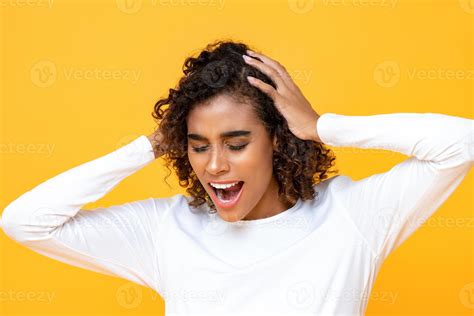 Close Up Portrait Of Confused African American Woman Shouting While