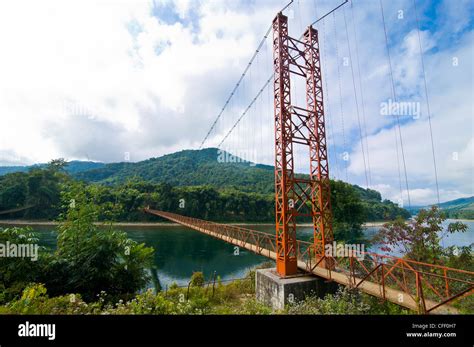 Giant hanging bridge spanning across the Siang river, Along, Arunachal ...