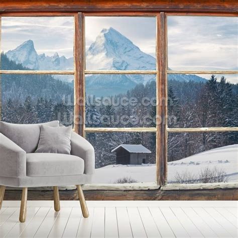 Snowy Mountain Window View Wallpaper | Wallsauce UK