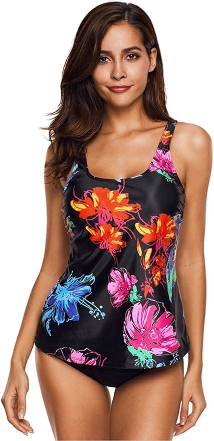 Micosuza Damen Tankini Große Größen Two Piece Geblümter Tankinis Set Mit Schwarzem Slip Bademode