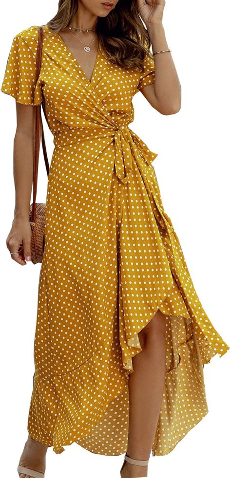 Women Maxi Dress Summer Short Sleeve Boho Polka Dot V Neck Wrap Dress