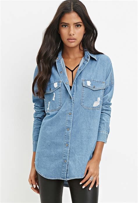 Forever 21 Distressed Denim Shirt In Blue Medium Denim Lyst