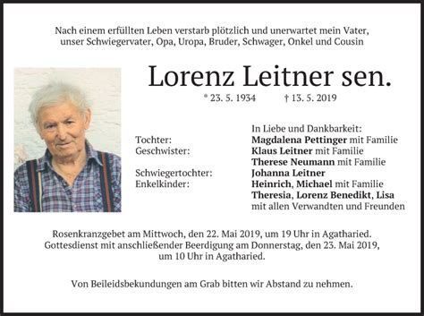 Traueranzeigen Von Lorenz Leitner Trauer Merkur De