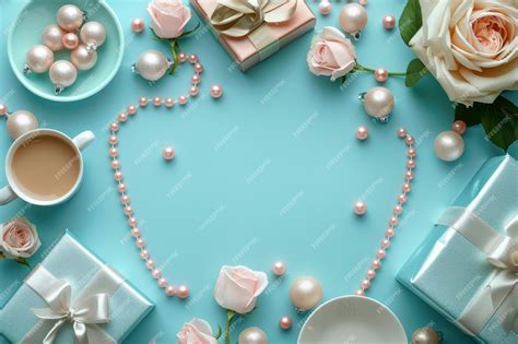 Flat Lay Of Elegant Pink Themed Accessories And Pearls On A Blue