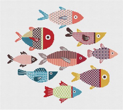 Fish Sampler Cross Stitch Pattern Blackwork Embroidery Etsy In