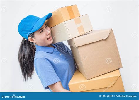 Portrait Of Happy Delivery Asian Woman Her Hands Holding Cardboard Box