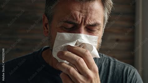 Man Blowing Nose And Sneezing For Allergies Sick With Influenza And