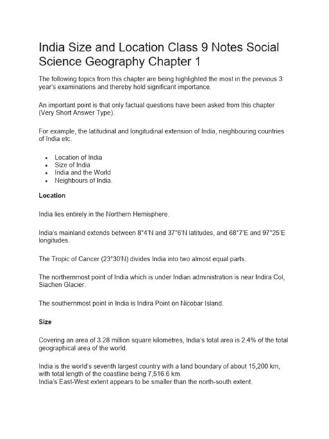 India Size And Location Class 9 Notes Social Science Geography Chapter 1 Pdf