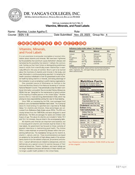 Vla 05 Vitamins Minerals And Food Labels 1 P A G E Virtual Learning Activity No 5