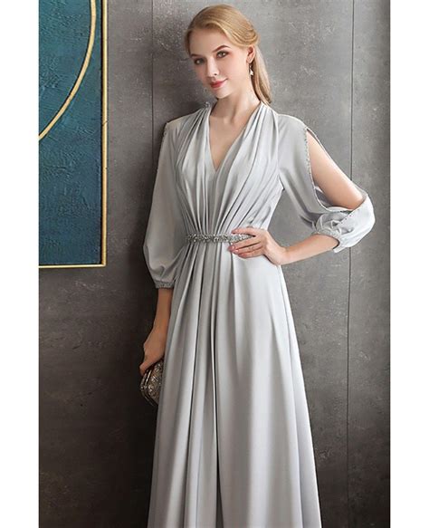 Elegant Long Grey Evening Formal Dress Vneck With Long Sleeves Dm