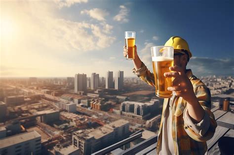 Premium Ai Image A Man Holding A Glass Of Beer On A Rooftop With The