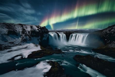 Hermoso Paisaje Nevado Con Cascada Corriendo Con Aurora Borealis Aurora