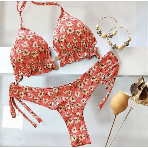 mujeres impresión floral push up halter sujetador calzoncillos de dos piezas conjunto bikini