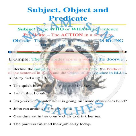 Subject Object And Predicate Worksheet Teacha