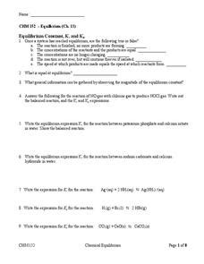 Equilibrium Constant Worksheet For 11th Higher Ed Lesson Planet