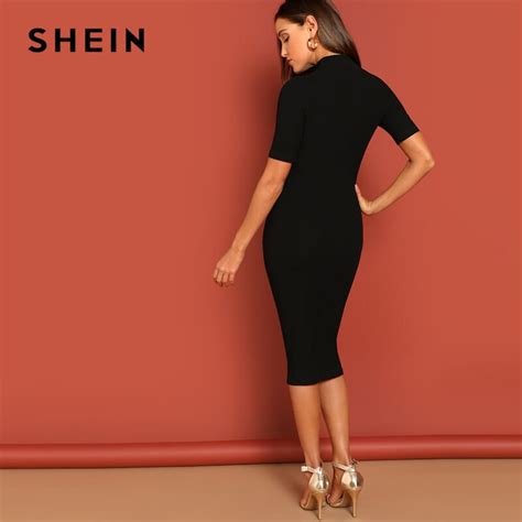 SHEIN Black Mock Neck Rib Knit Pencil Stretchy Knee Length Bodycon