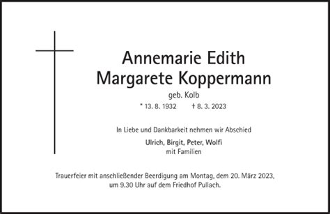 Traueranzeigen Von Annemarie Edith Margarete Koppermann Sz Gedenken De