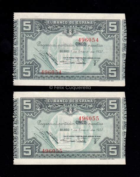 Banco De Bilbao 1937 Pareja Correlativa 5 Pesetas Sin Serie S C