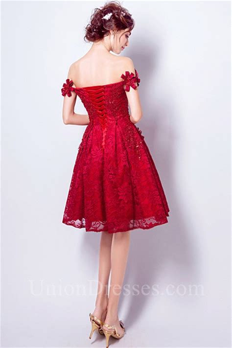 A Line Off The Shoulder Short Red Party Prom Dress With Flowers