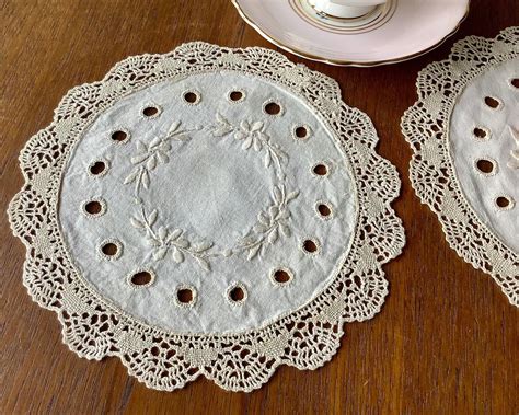 Pair Of Linen Lace Doilies Side Table Placemat Or Centre Etsy