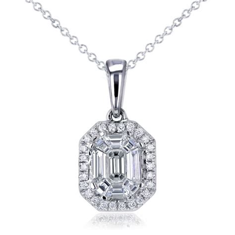 Emerald Cut Halo Diamond Pendant Necklace 14k White Gold 050ct K63