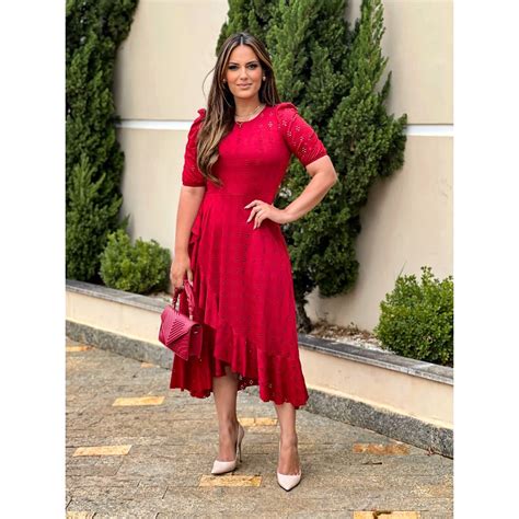 Vestido Midi Em Malha Lese Babado Moda Feminina Shopee Brasil