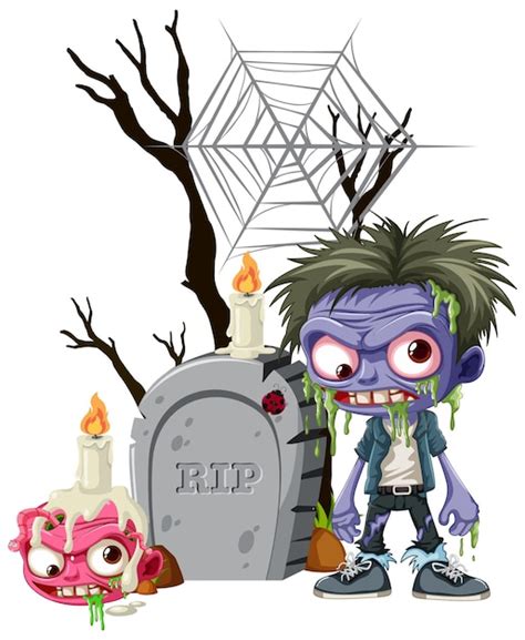 Premium Vector Zombie Cartoon Character Standing In Front Of Tombstone