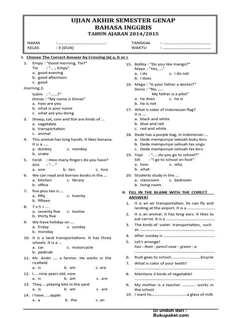 Soal Ukk Bahasa Inggris Kelas 2 Sd Pdf