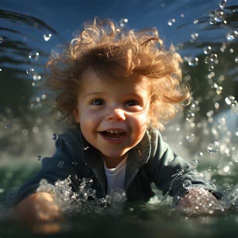 Premium Ai Image Adorable Baby Swiming Underwater Diving Young Swim Water