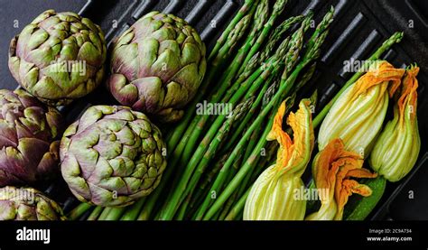 Vegetarian Food Concept Fresh Green Vegetables On Dark Background