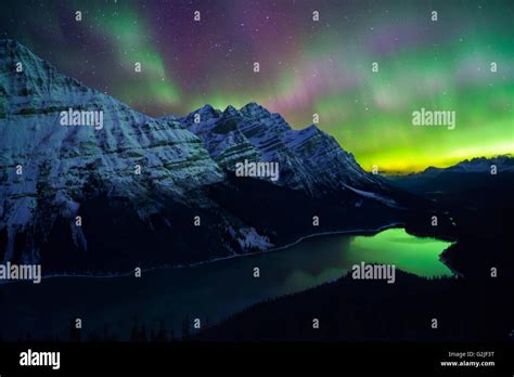 Aurora Borealis Northern Lights Over Peyto Lake Banff National Stock