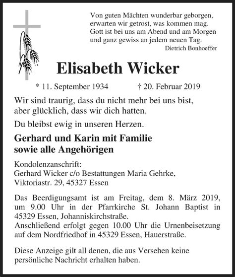 Traueranzeigen Von Elisabeth Wicker Trauer In NRW De