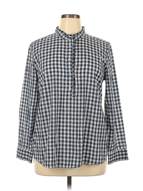 Talbots 100 Cotton Houndstooth Checkered Gingham Blue Long Sleeve