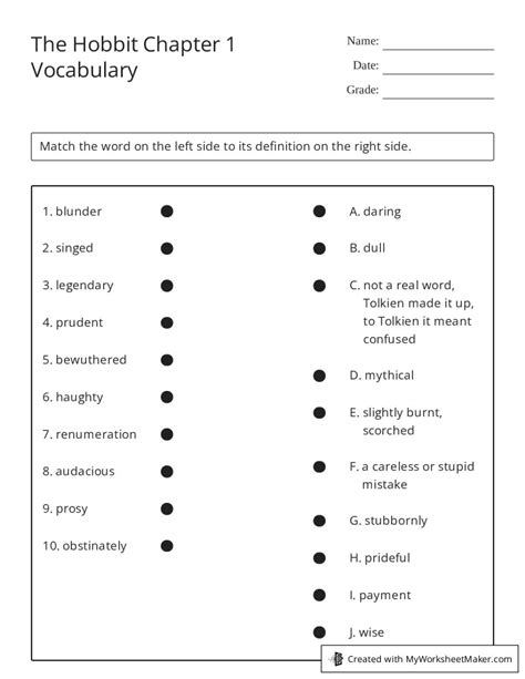 The Hobbit Chapter Vocabulary My Worksheet Maker Create Your