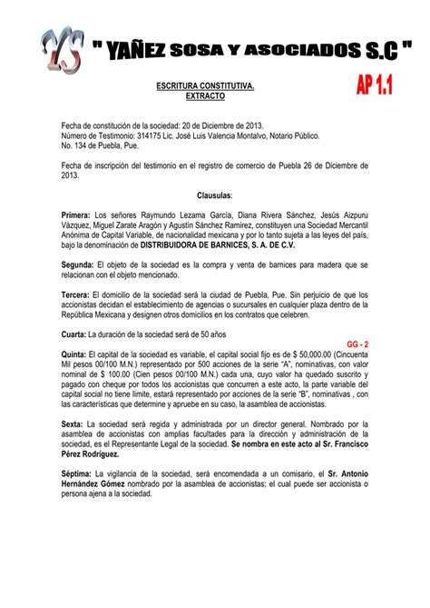 Acta Constitutiva Ejemplo De Una Empresa Nuevo Ejemplo