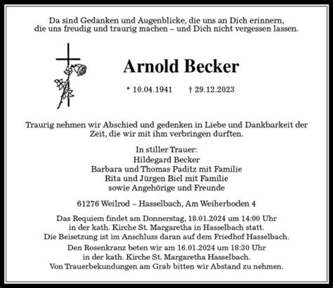 Traueranzeigen Von Arnold Becker Vrm Trauer De