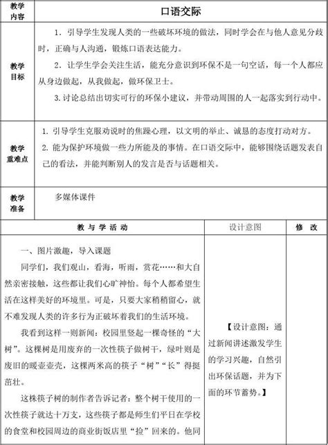 人教部编版语文四年级上册《口语交际》教学设计教案学案word文档在线阅读与下载免费文档