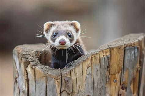 Premium Photo Small Ferret Peeking Out Of Tree Hollow