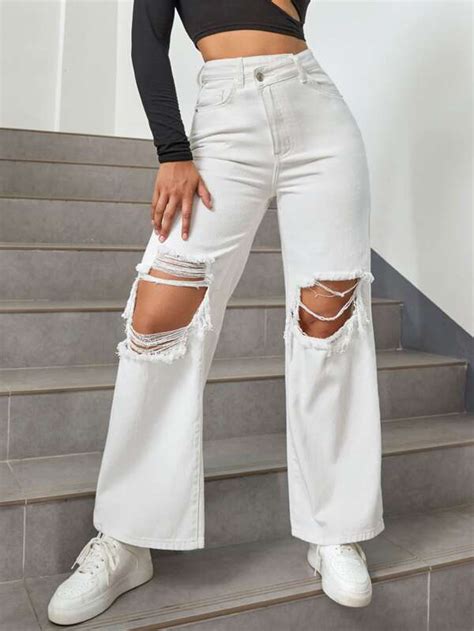 Shein Cut Out Ripped Frayed Straight Leg Jeans Shein Usa