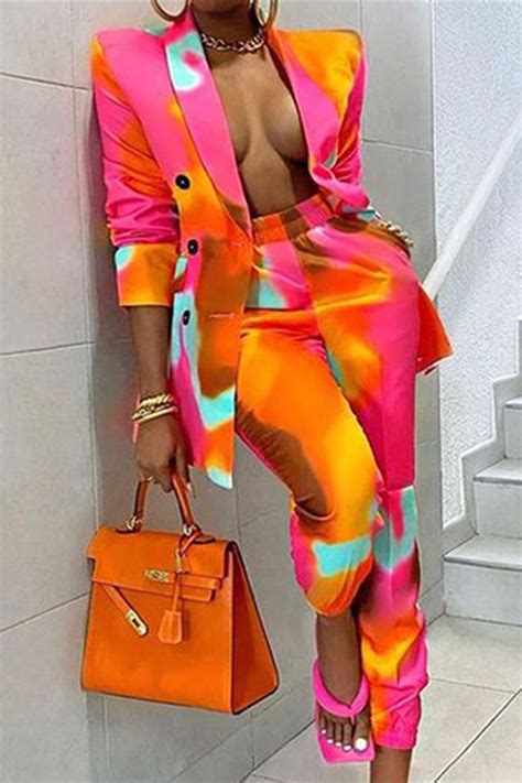 Yellow Fashion Casual Print Cardigan Pants Turndown Collar Long Sleeve