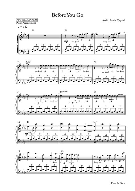 Lewis Capaldi Before You Go Piano Sheet 楽譜 By Pianella Piano